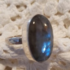 Sterling Silver 925 Labradorite Oval Cabochon Statement Ring 8 Boho Handmade Blu