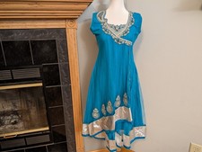 Turquoise Blue Anarkali Suit Dress Embroidered Party Wear Size Small
