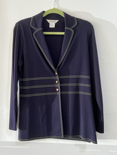 Misook Women s Navy Button Front Blazer Green Piped Trim Lightweight Size Medium