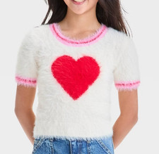 New Art Class Girls' Valentine's Day Fuzzy Heart Sweater Ivory Small