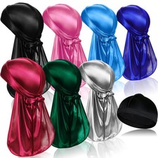 7 PCS Silky Durags with Long Tail and 1 Satin Wave Cap, Do Rags for Men 360 W...