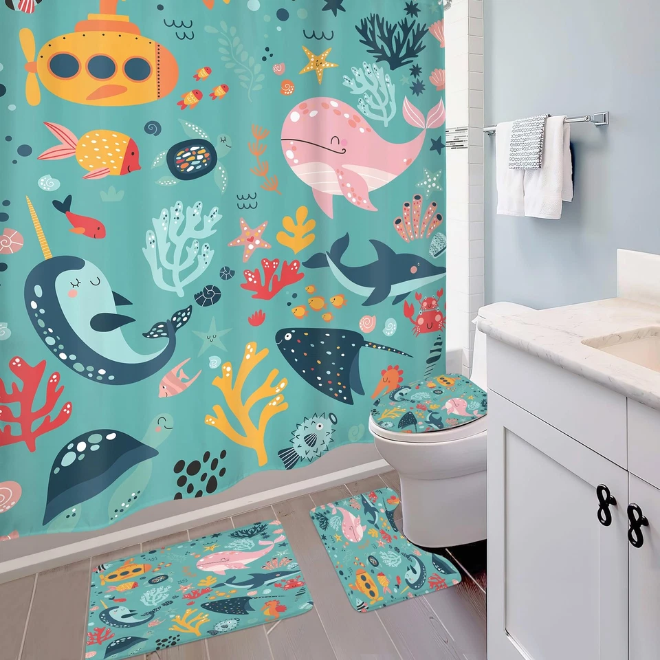 Juego de 4 cortinas de ducha para niños verde azulado 72Wx72H océano divertido dibujos animados ballena ba... Foto 3 de 4