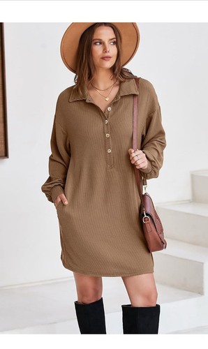 AlvaQ Womens Long Sleeve Dress Loose Button Front Lapel Collared Ribbed - Picture 3 of 3
