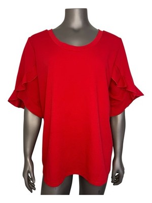 Ashley Stewart Blouse 18/20 Red Flutter Sleeves Round Neck Boxy Textured Fabric