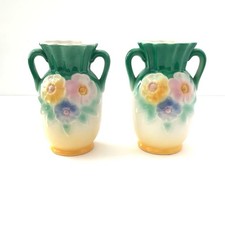 Antique Czecho-Slovakia Art Deco Vase Pair Hand Painted Floral 1920s Pottery 5"