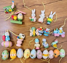 24 Vintage Miniature Easter Tree Decorations Painted Wood Eggs Chick Bunny Bird