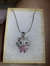 Hello Kitty Rhinestone Pink Charm Silver Tone Chain 16" Pendant Necklace