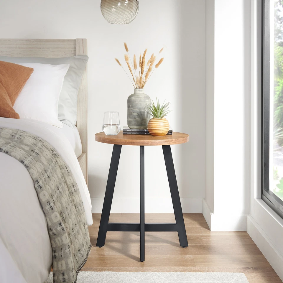 22" Side End Table Industrial Side Table MDF Top Metal Frame Round Table, Walnut - Image 3 of 4