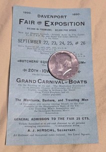 1890 DAVENPORT IOWA 20TH FAIR & EXPOSITION TICKET 25c Carnival Boats Equestrian 