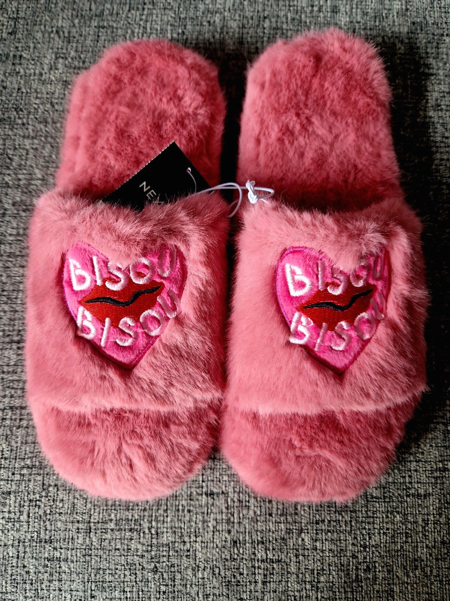 NEXT Womens Pink Faux Fur Flatform Sliders Slippers, Size Medium