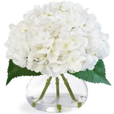 Hydrangea Artificial Flowers in Glass Vase, White Silk Fake Flowers Silk Cent...