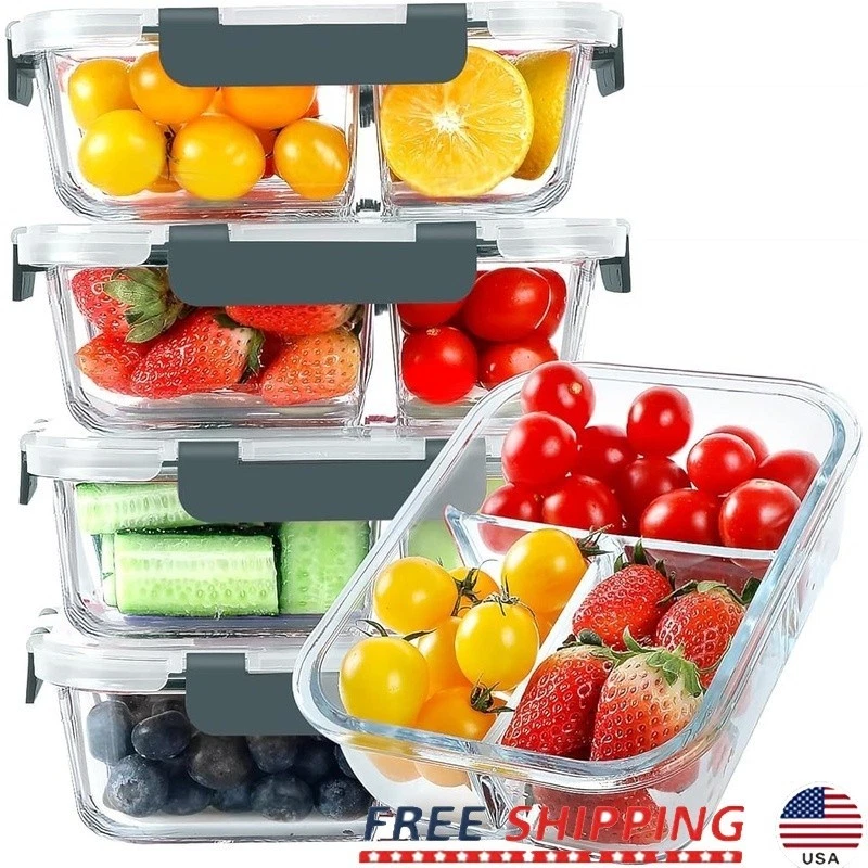 Airtight Glass Meal Prep Containers 3-Compartment BPA Free Food Storage Set New