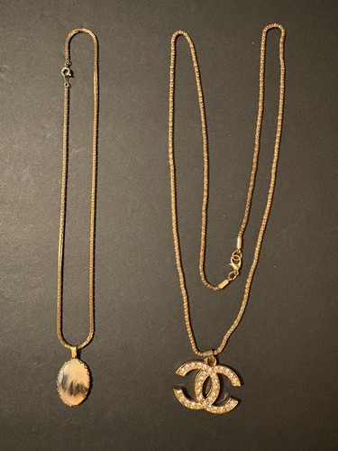 Lot of 2 Necklaces: Moss Agate Oval Stone and CC Golden Tone w/Rhinestone