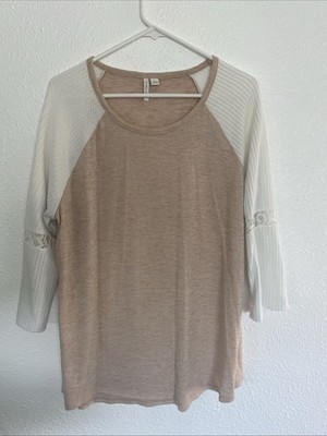 Women s Live Well Lifestyle Loose Fit Lightweight Knit Top Sz L Beige W/White