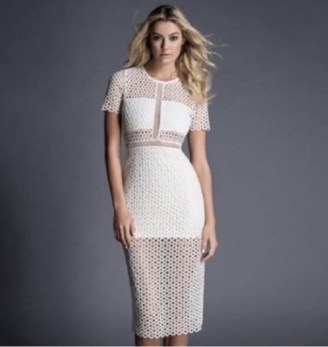 Karina Grimaldi Ultimo Lace Crochet Midi Dress Small White Pencil Cocktail Party