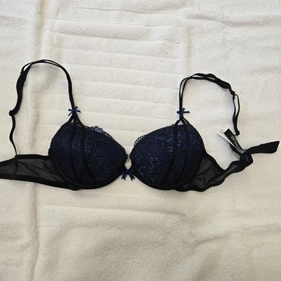 Adore Me Lace Push Up Bra 32B Black Blue Strappy Mesh Underwire