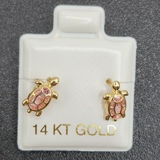 14K Yellow Gold Pink CZ Turtle Safety Screw Back Earrings