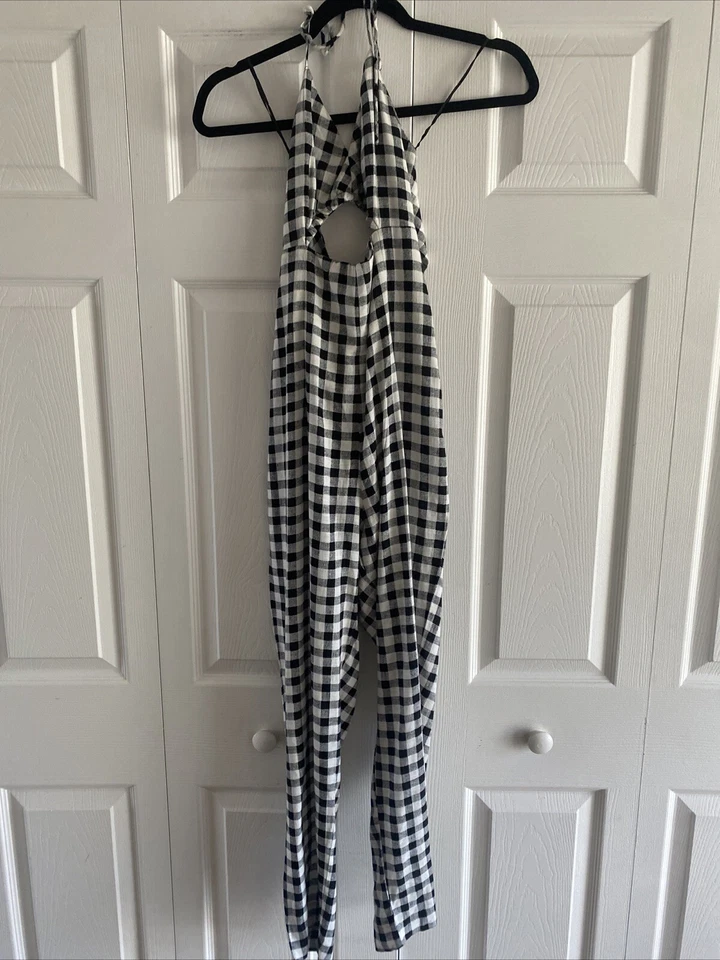 ZARA Women's XS VICI Gingham Halter Tie Open Back Jumpsuit Spring Brunch Coastal — 第 2/4 张图片
