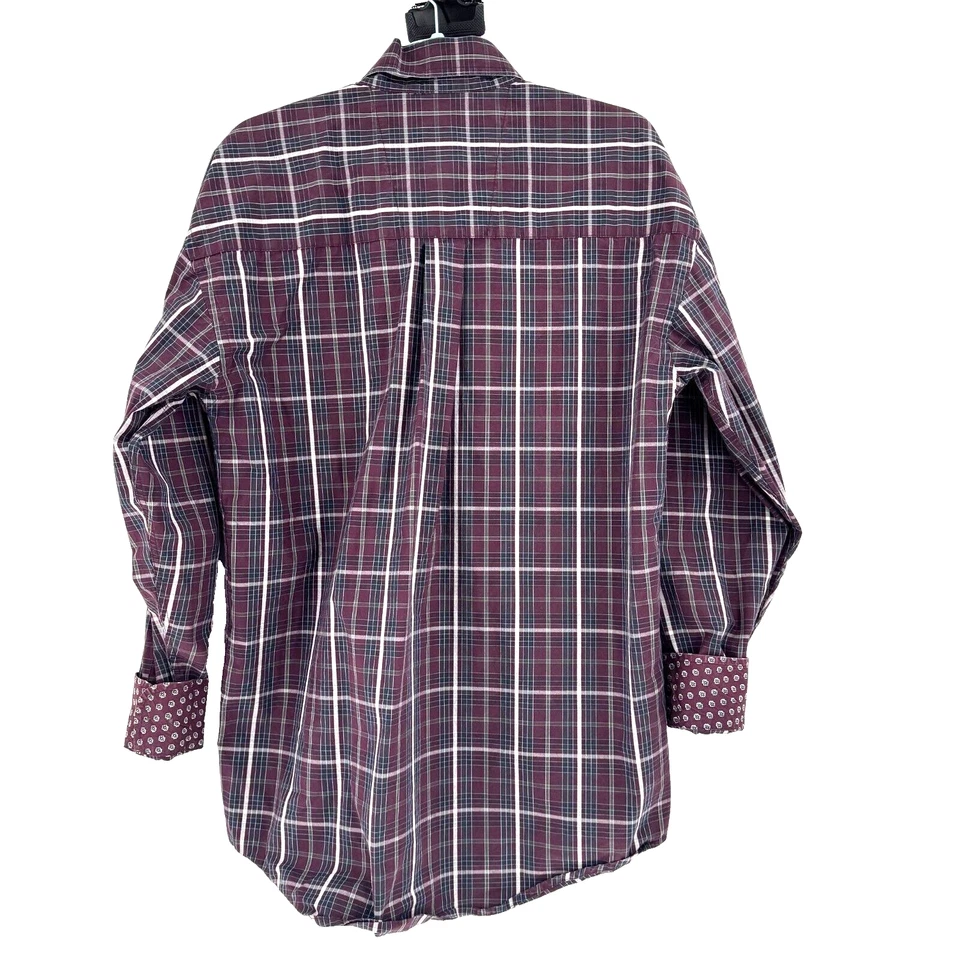 George Strait Wrangler Western Shirt Mens Medium Burgundy Plaid Floral Flip Cuff - Image 2 of 4
