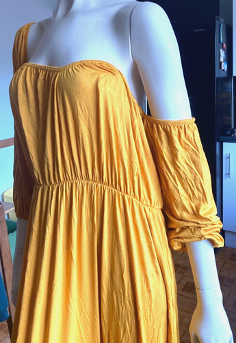 BNWT Ladies BOOHOO Butterscotch MUSTARD BALLOON SLEEVE Bardot MAXI Dress 16 - Picture 10 of 10