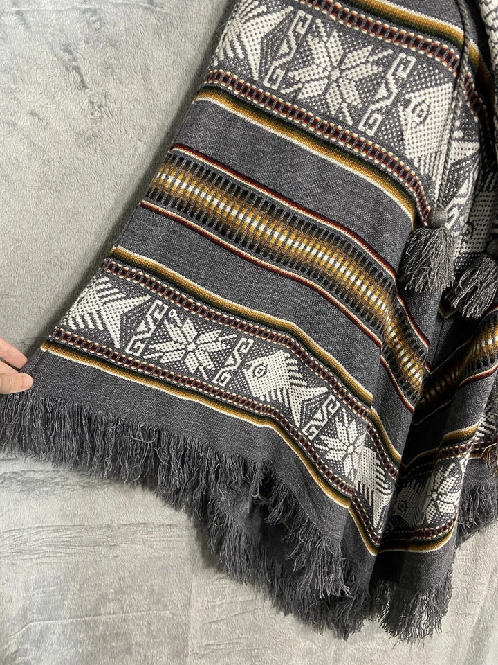 Poncho azteca vintage artesanal lana Sisanda flecos bufanda detalle borlas de pescado Foto 3 de 4
