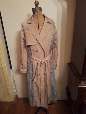Neiman Marcus Glamorous Women Beige Plaid Panel Trench Coat Jacket