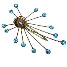 Vintage Lady Ellen Gold Tone Blue Rhinestone Satellite Hair Clip