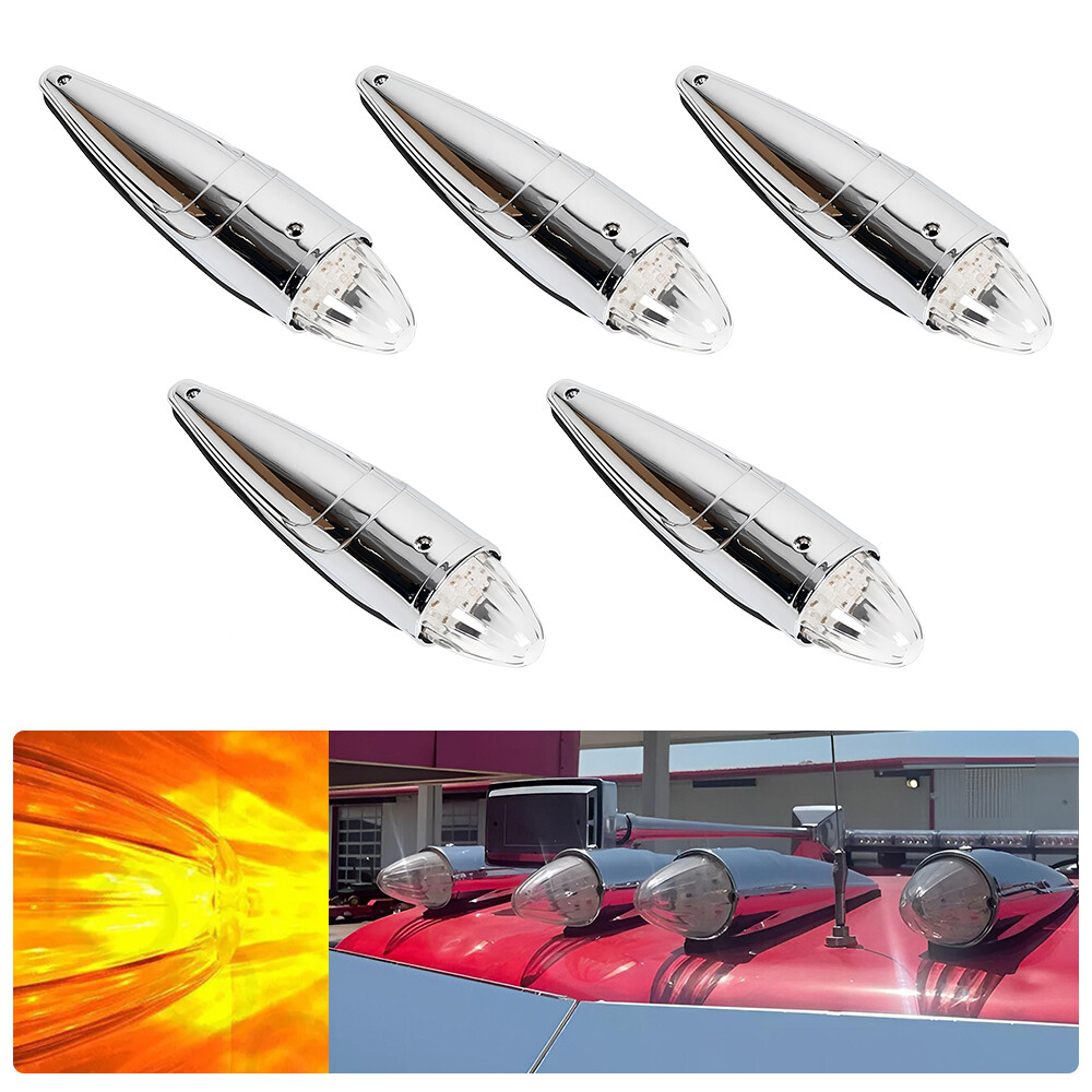 5Pcs Chrome LED Truck Roof Lights Amber Cab Markers Clearance Lights