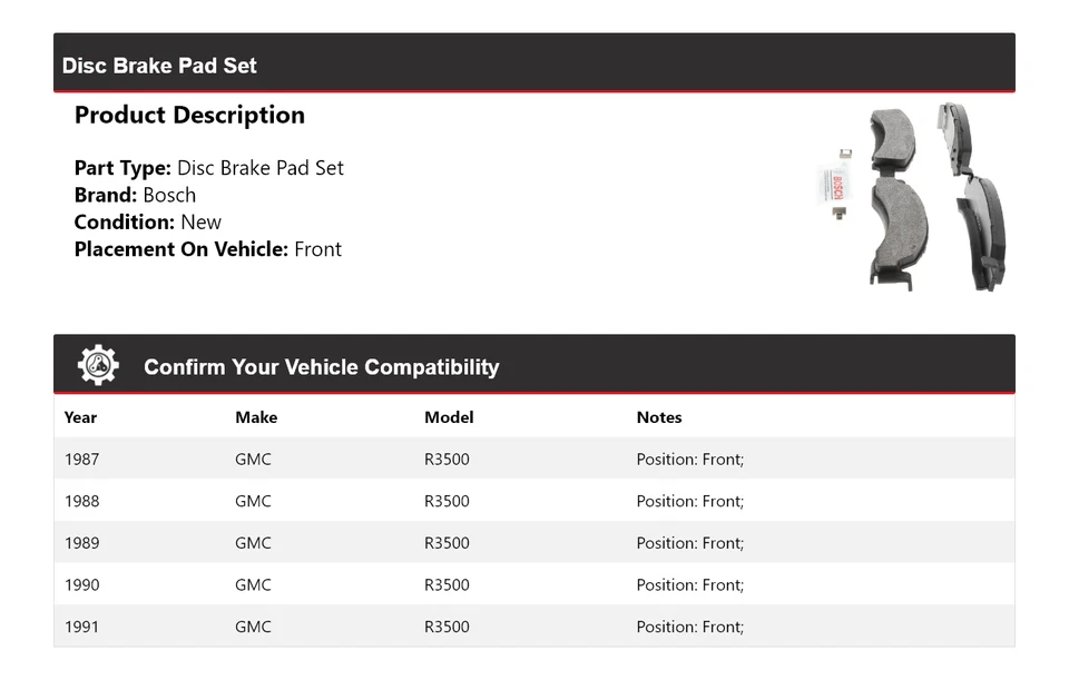 Полуметаллические передние тормозные колодки для 1987-1991 GMC R3500 Bosch QuietCast 1988 1989 - Изображение 2 из 4