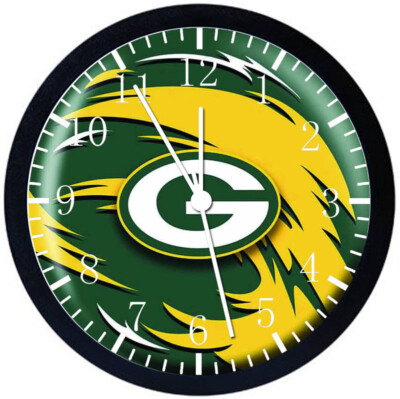 Green Bay Packers Wall Clock Large 12'' Black Frame Glass Face Non-Ticking E378