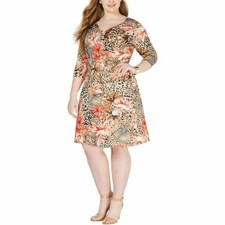 New NY Collection Women's Plus Size 1X Animal Floral Print Surplice Neck Dress 