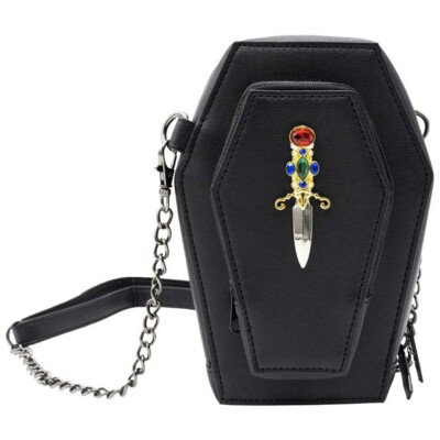 Kreepsville 666 Elvira Golden Jeweled Dagger Coffin Mini Crossbody Purse Zip NWT