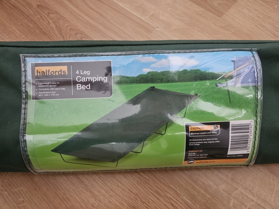 HALFORDS Green 4 Leg Camping Bed Lightweight In Carry Holdall