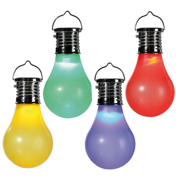 4 X SOLAR POWER GARDEN HANGING COLOURED PLASTIC LED BULB LIGHT DECOR FENCE TREE