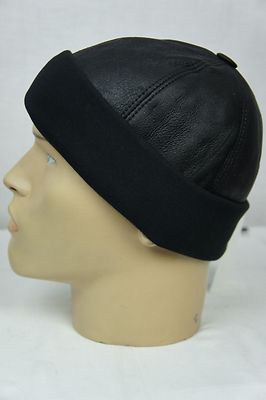Black Shearling Leather Fur Knit Beanie Cuff Round Bucket Winter Ski Hat M-XXL
