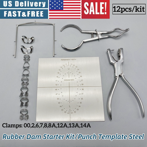 Rubber Dam Starter Kit For Dental Work - 18 Pcs With Frame, Punch, Clamps
