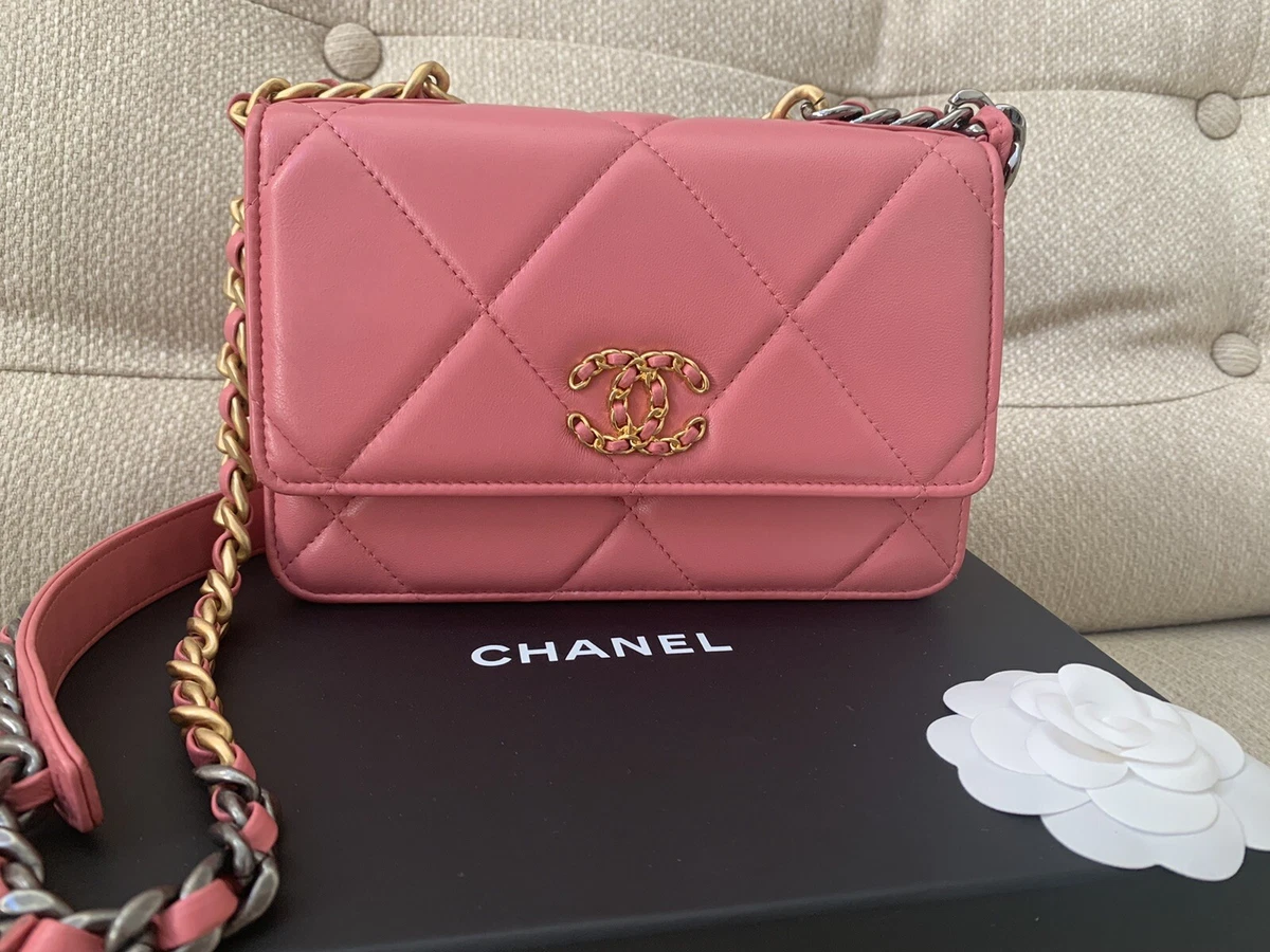 CHANEL 19 CC WOC Leather Wallet On Chain Crossbody Bag Pink