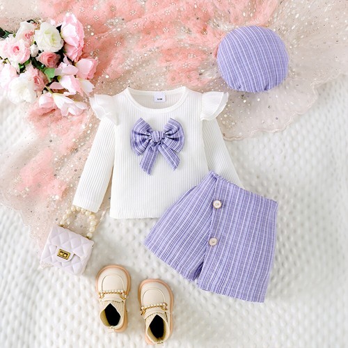 3PCS Toddler Girls Ribbed Tops Skort Shorts Beret Cap Kids Clothes Outfit Sets - Picture 17 of 24