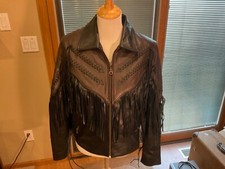 Women’s Chrome Gear Fringed Leather Biker Riding Jacket Size 14 Brown/black