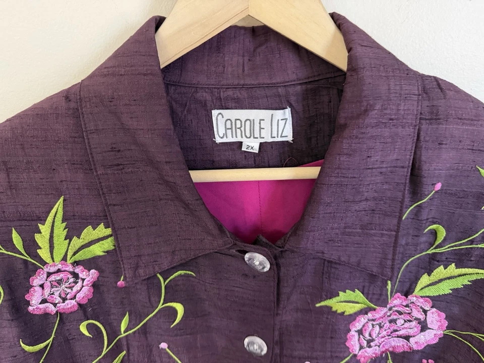 Vintage 90 s Carole Liz Purple Floral Embroidered Jacket Plus 2X Artsy Bloomcore - Image 3 of 4