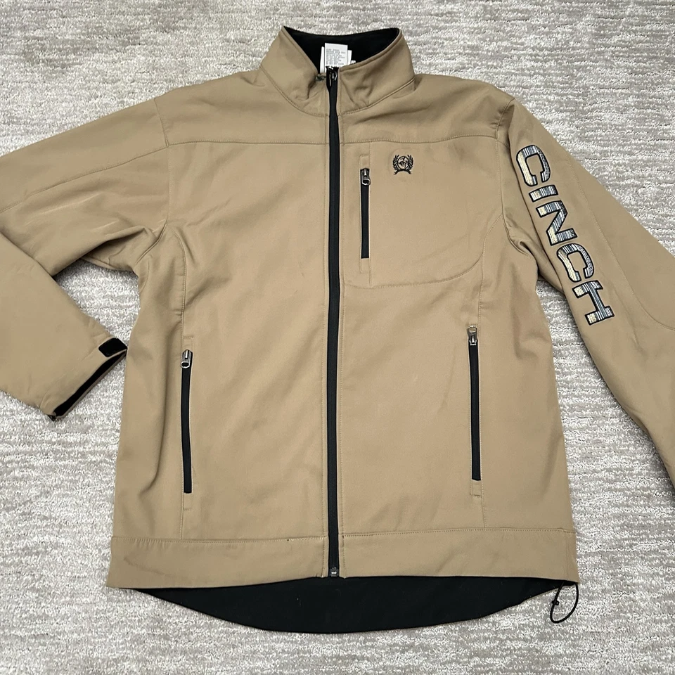 Cinch Jacket Mens Large Tan Softshell Full Zip Western Striped Embroidered Logo - Image 2 of 4