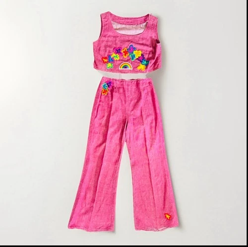 Vintage 60s Handmade Hippie 2-piece Set Bell Bottoms Flare Leg Embroidered OOAK