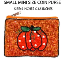 Halloween Theme Orange Small Mini Size Pumpkin Beaded Coin Purse