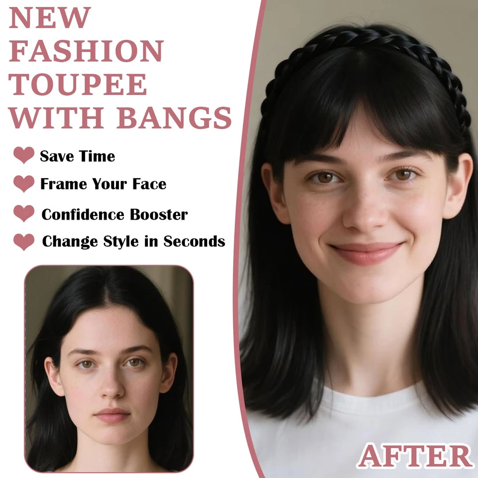 Diadema natural gruesa y ordenada Toupee para mujer con flequillo, peluca de cabello sintética Foto 4 de 4