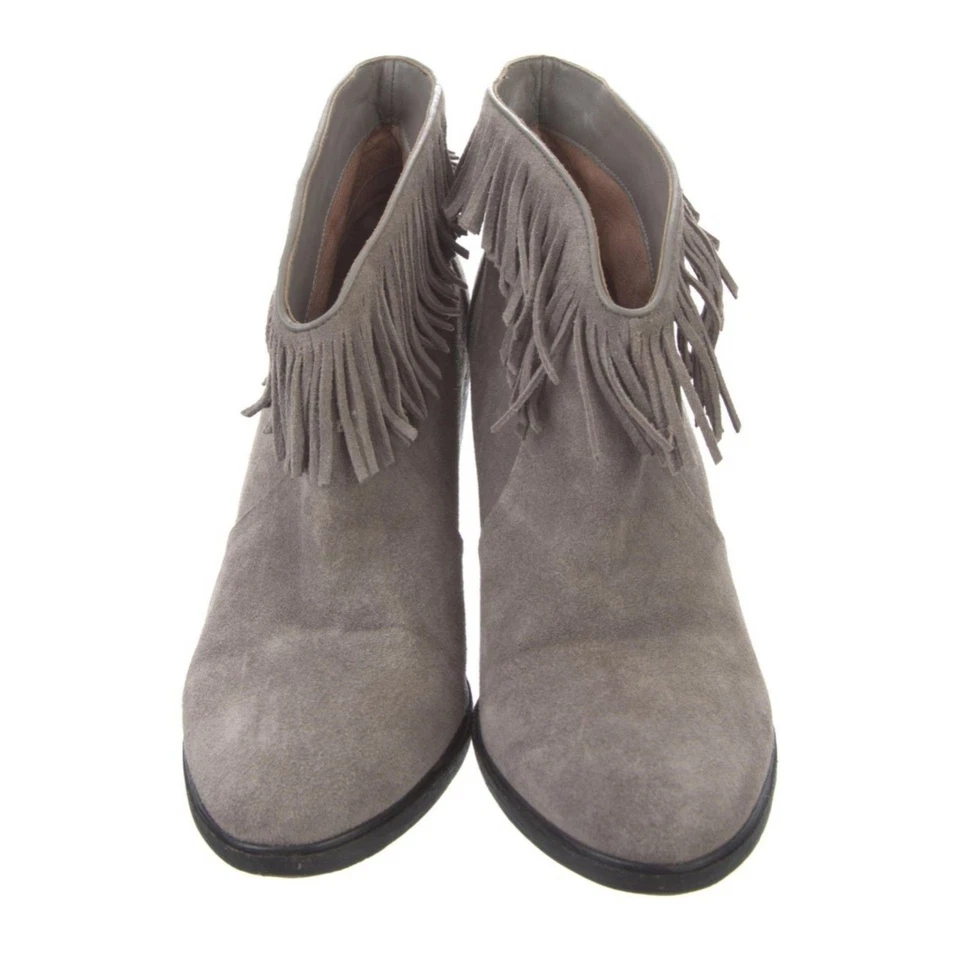 Joie "Loren" Grey Leather Suede 4" Heel Ankle Booties w/ Fringe, Size 10.5, VGUC - Image 3 of 4