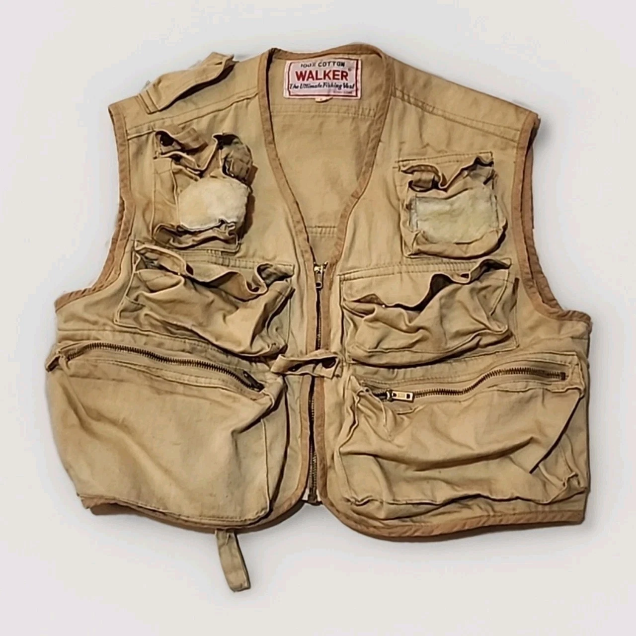 Vintage Walker Fishing Vest Adult Small Tactical Zip Up Beige