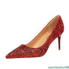 Women's Mid Stiletto Heel Glitter Pointed Toe Cocktail Slip on Dress Pumps Shoes