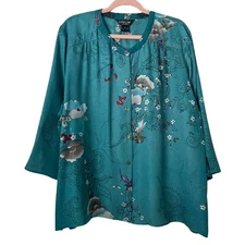 Citron Top Womens 1X Blue Silk Floral Long Sleeve Flowy Blouse Bohemian