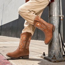 Kids Western Boots Pull On Square Toe Boys Girls Cowboy Cowgirl Mid Calf Boots