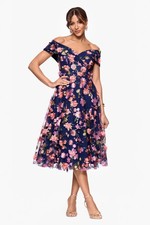 Xscape Daniela Fit Flare Embroidered Tea Length 3D Floral Off The Shoulder Dress
